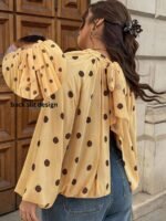 Elorivane Plus Size Polka Dot Blouse, Back Knot Lantern Sleeve Elegant Top, Fall Winter Office Vacation Wear