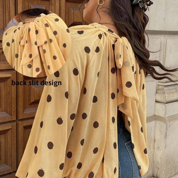 Elorivane Plus Size Polka Dot Blouse, Back Knot Lantern Sleeve Elegant Top, Fall Winter Office Vacation Wear