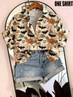 Elorivane Plus Size Halloween Bat & Pumpkin Print Shirt - Image 19