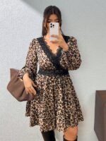 Elorivane Plus Size Ditsy Floral Dress, Lace Trim Lantern Sleeve Boho Outfit, Autumn Beach Holiday Wear - Image 30