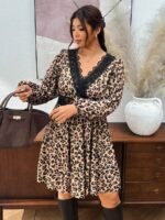 Elorivane Plus Size Ditsy Floral Dress, Lace Trim Lantern Sleeve Boho Outfit, Autumn Beach Holiday Wear - Image 25
