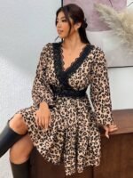 Elorivane Plus Size Ditsy Floral Dress, Lace Trim Lantern Sleeve Boho Outfit, Autumn Beach Holiday Wear - Image 26