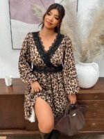 Elorivane Plus Size Ditsy Floral Dress, Lace Trim Lantern Sleeve Boho Outfit, Autumn Beach Holiday Wear - Image 27