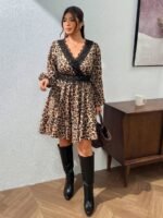 Elorivane Plus Size Ditsy Floral Dress, Lace Trim Lantern Sleeve Boho Outfit, Autumn Beach Holiday Wear - Image 28