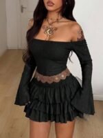 Elorivane Women Plus Size White Lace Mini Dress, Off Shoulder Long Sleeve Ruffle Boho Fairycore Fall Winter Dress - Image 9