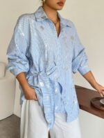 Elorivane Plus Size White Shirt, Lapel Half-Open Tie Hem Long Sleeve Spring Autumn Blouse - Image 50