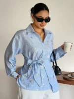 Elorivane Plus Size White Shirt, Lapel Half-Open Tie Hem Long Sleeve Spring Autumn Blouse - Image 53