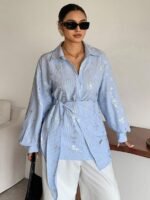 Elorivane Plus Size White Shirt, Lapel Half-Open Tie Hem Long Sleeve Spring Autumn Blouse - Image 54