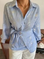 Elorivane Plus Size White Shirt, Lapel Half-Open Tie Hem Long Sleeve Spring Autumn Blouse - Image 55