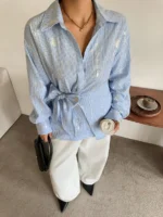 Elorivane Plus Size White Shirt, Lapel Half-Open Tie Hem Long Sleeve Spring Autumn Blouse - Image 56