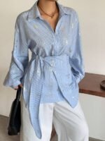 Elorivane Plus Size White Shirt, Lapel Half-Open Tie Hem Long Sleeve Spring Autumn Blouse - Image 57