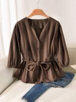 Elorivane Plus Size Brown Business Casual Top, Waist-Cinching, Office Brunch Evening Summer Blouse - Image 6
