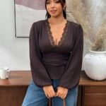 Elorivane Plus Size Lace Collar Deep V Neck Blouse, Brown Waist-Cinching Long Sleeve Top for Spring Autumn