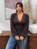 Elorivane Plus Size Lace Collar Deep V Neck Blouse, Brown Waist-Cinching Long Sleeve Top for Spring Autumn
