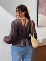 Elorivane Plus Size Lace Collar Deep V Neck Blouse, Brown Waist-Cinching Long Sleeve Top for Spring Autumn - Image 2