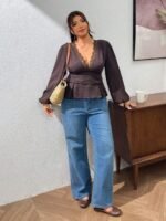 Elorivane Plus Size Lace Collar Deep V Neck Blouse, Brown Waist-Cinching Long Sleeve Top for Spring Autumn - Image 3