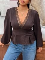 Elorivane Plus Size Lace Collar Deep V Neck Blouse, Brown Waist-Cinching Long Sleeve Top for Spring Autumn - Image 4