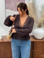 Elorivane Plus Size Lace Collar Deep V Neck Blouse, Brown Waist-Cinching Long Sleeve Top for Spring Autumn - Image 5