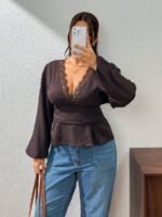 Elorivane Plus Size Lace Collar Deep V Neck Blouse, Brown Waist-Cinching Long Sleeve Top for Spring Autumn - Image 6