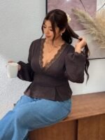 Elorivane Plus Size Lace Collar Deep V Neck Blouse, Brown Waist-Cinching Long Sleeve Top for Spring Autumn - Image 7