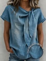 Elorivane Vacation Style Holiday Series Women's Woven Round Neck Tie Front Blouse, Plus Size Shirt - Image 7