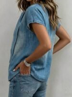 Elorivane Vacation Style Holiday Series Women's Woven Round Neck Tie Front Blouse, Plus Size Shirt - Image 8
