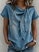 Elorivane Vacation Style Holiday Series Women's Woven Round Neck Tie Front Blouse, Plus Size Shirt - Image 9