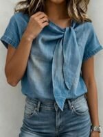 Elorivane Vacation Style Holiday Series Women's Woven Round Neck Tie Front Blouse, Plus Size Shirt - Image 10
