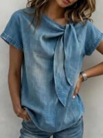 Elorivane Vacation Style Holiday Series Women's Woven Round Neck Tie Front Blouse, Plus Size Shirt - Image 11