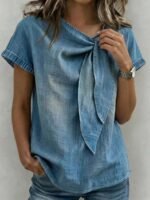 Elorivane Vacation Style Holiday Series Women's Woven Round Neck Tie Front Blouse, Plus Size Shirt - Image 12