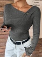Elorivane Plus Size Solid Sweater, Fitted Long Sleeve Pullover Elegant Commuter Autumn Winter Base Layer Top - Image 6