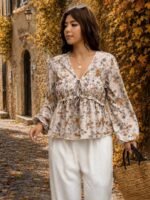 Elorivane Plus Size Blue Floral Blouse, V-Neck Tie Long Sleeve Top, Daily Commute Going Out Wear - Image 10