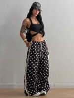 Elorivane Women Black Polka Dot Parachute Pants, Wide Leg Drawstring Y2K Streetwear Joggers - Image 2
