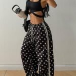 Elorivane Women Black Polka Dot Parachute Pants, Wide Leg Drawstring Y2K Streetwear Joggers