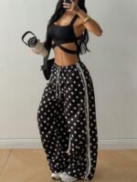 Elorivane Women Black Polka Dot Parachute Pants, Wide Leg Drawstring Y2K Streetwear Joggers