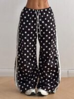 Elorivane Women Black Polka Dot Parachute Pants, Wide Leg Drawstring Y2K Streetwear Joggers - Image 6