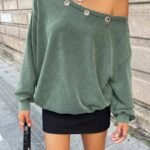 Elorivane Women Sage Green Asymmetrical Shoulder Sweatshirt, Eyelet Decor Casual Streetwear Top