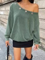 Elorivane Women Sage Green Asymmetrical Shoulder Sweatshirt, Eyelet Decor Casual Streetwear Top