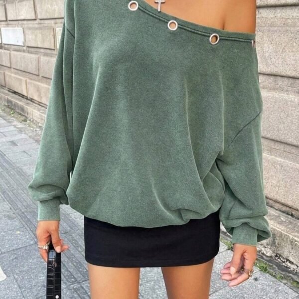 Elorivane Women Sage Green Asymmetrical Shoulder Sweatshirt, Eyelet Decor Casual Streetwear Top