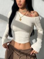 Elorivane Women Vintage Leopard Knit Top, Asymmetrical Neck Grommet Long Sleeve Stretchy Spring Summer Streetwear - Image 22