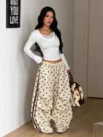 Elorivane Women Brown Polka Dot Parachute Pants, Wide Leg Athleisure Casual Trousers - Image 27