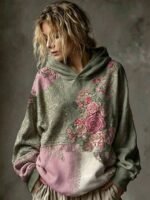 Elorivane Plus Size Women Vintage Floral Print Long Sleeve Sweatshirt, Autumn Winter Casual