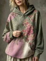 Elorivane Plus Size Women Vintage Floral Print Long Sleeve Sweatshirt, Autumn Winter Casual - Image 3