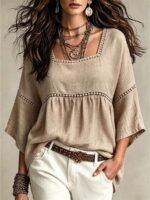 Elorivane Plus Size Round Neck Shirt, Casual Resort Autumn Women Top
