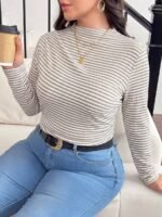 Elorivane Plus Size Mock Neck Ruched Slim Fit Tee, Fall Casual Top - Image 20