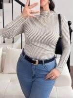 Elorivane Plus Size Mock Neck Ruched Slim Fit Tee, Fall Casual Top - Image 21