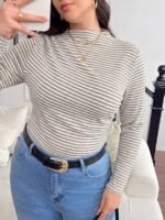 Elorivane Plus Size Mock Neck Ruched Slim Fit Tee, Fall Casual Top - Image 22