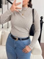 Elorivane Plus Size Mock Neck Ruched Slim Fit Tee, Fall Casual Top - Image 23