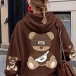 Elorivane Brown Bear Graphic Hooded Sweatshirt, Thermal Lined Pocket Long Sleeve Top, Casual Autumn Winter Women Wear for Outdoor Party