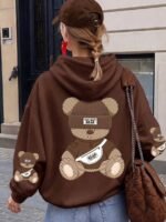 Elorivane Brown Bear Graphic Hooded Sweatshirt, Thermal Lined Pocket Long Sleeve Top, Casual Autumn Winter Women Wear for Outdoor Party